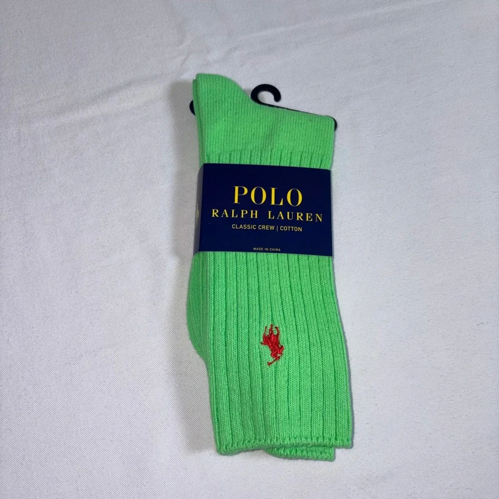 Polo Ralph Lauren Crew Socks Mens 10-13 Green New Ribbed Cotton Red Pony Logo